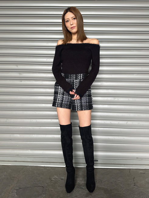 端シャギータイトオフショルニットトップス